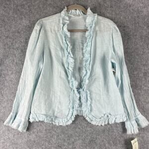 Russ Berens 100% Linen Ruffled Cardigan Womens Medium Blue Coastal Boho NEW